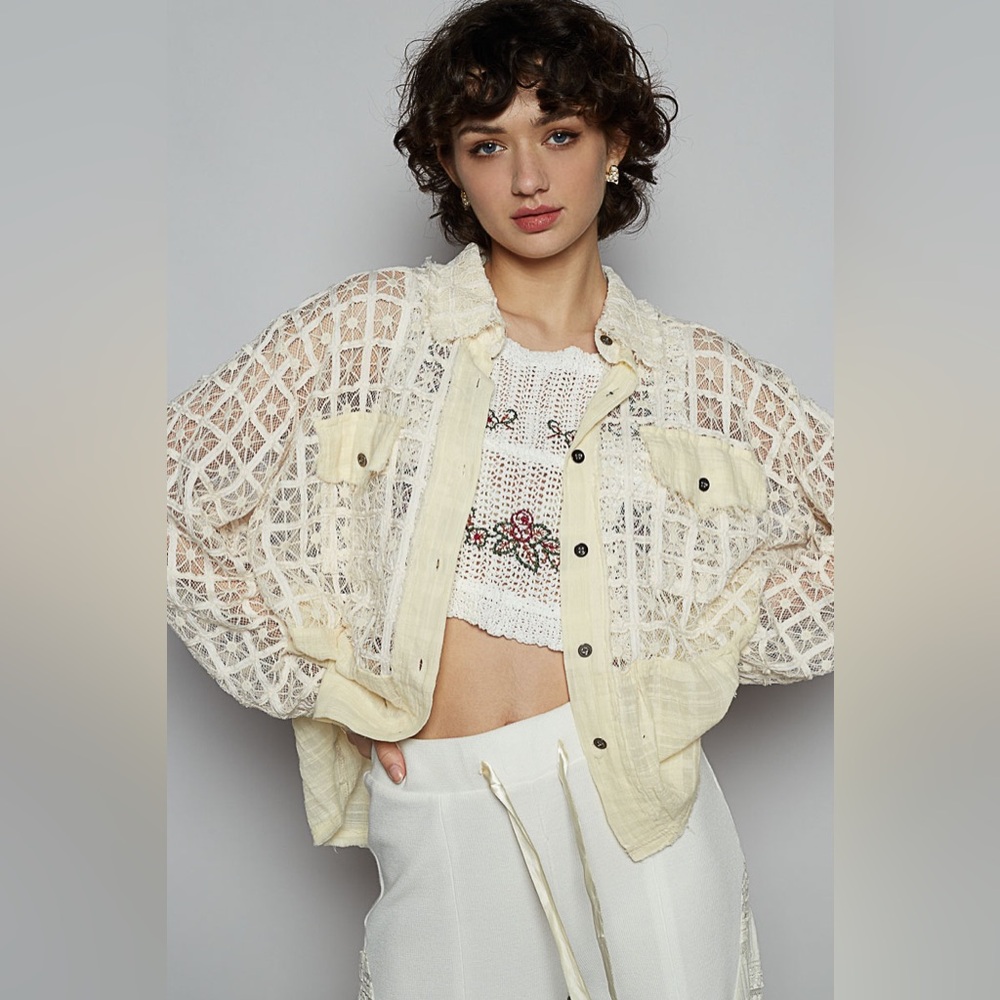 POL Women's Cream Lace Button-Down Shirt Jacket